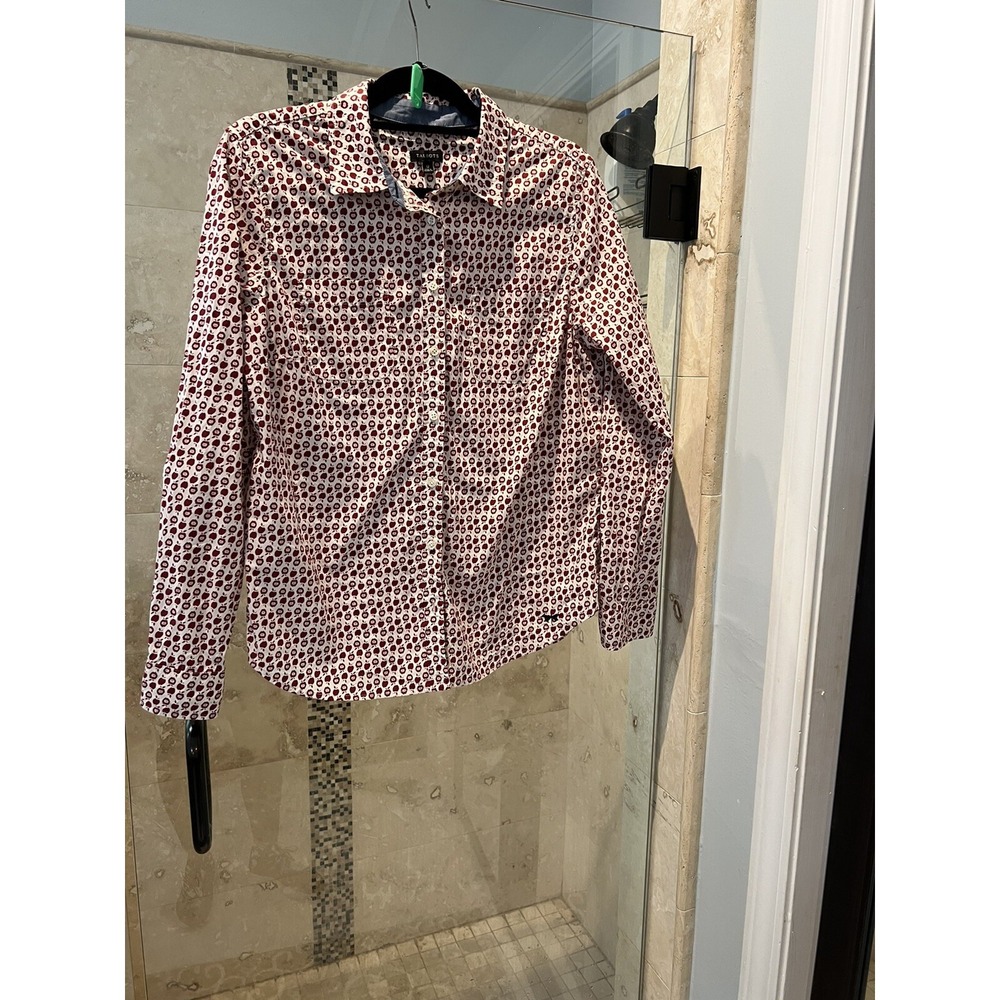 Talbots Womens White Red Apple Print Cotton Long Sleeve Button Up Shirt L 12